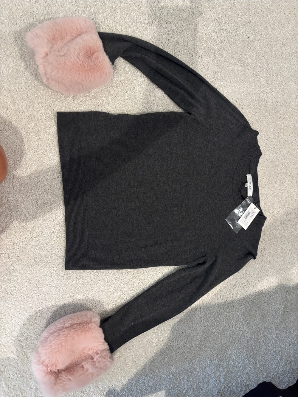 Milly Dark Gray Sweater with Pink Faux Fur Cuffs